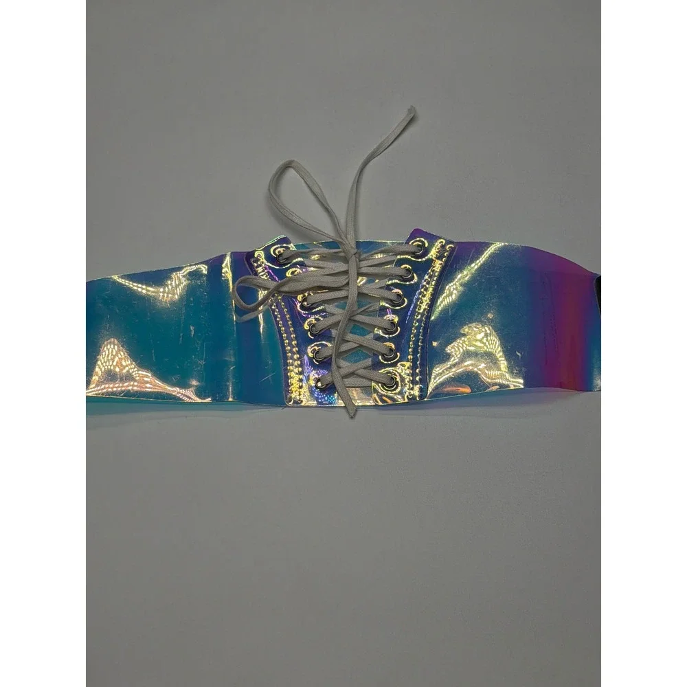 Holographic Iridescent Lace Up Wide Elastic Belt Corset‎ Waist Cincher